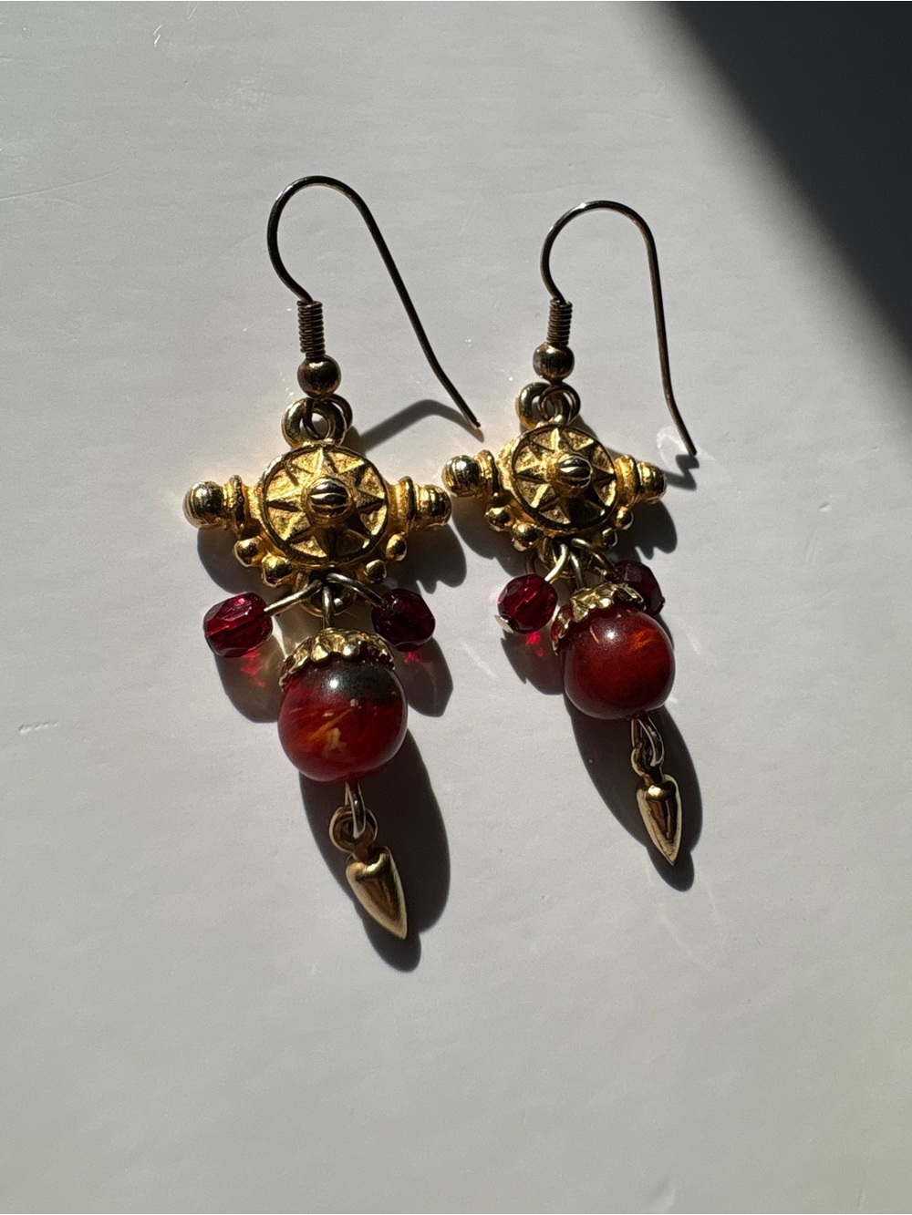 Vintage Gold Byzantine Etruscan Sun Cross Spike Coral Carnelian Dangle Earrings